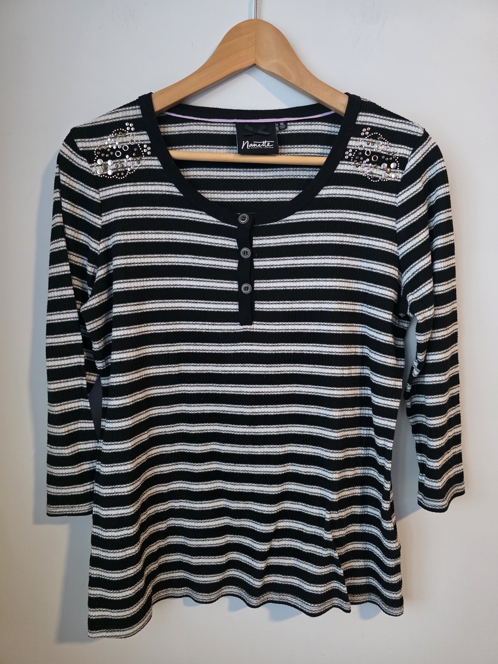 Nanette Lepore Black & White Striped Embellished Top | XL